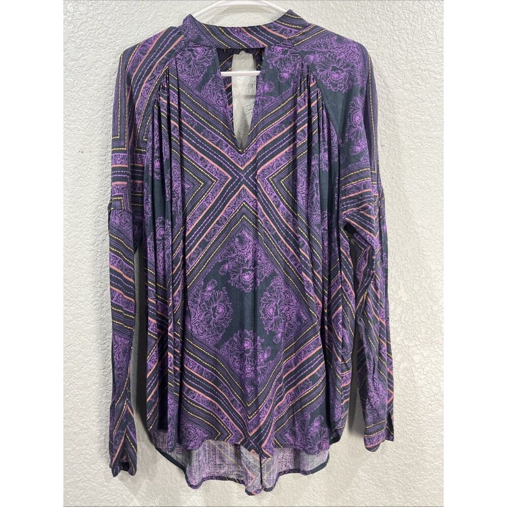 Free People Purple Floral Geometric Mock Neck Keyhole Blouse‎ S Boho Indie Gypsy